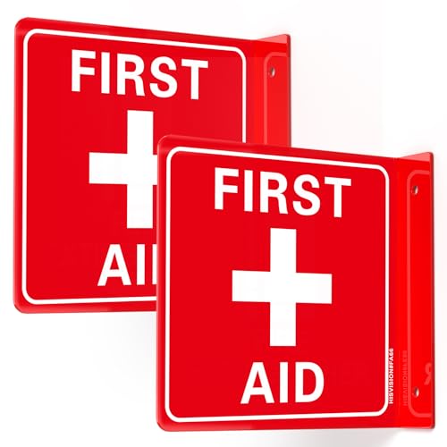 First Aid Sign, First Aid with Cross Symbol, 2 Pack-6"x6" Acrylic, Includes Matching Screws, Use for Office/Business, UV Protected, Fade/Weather Resistant, Indoor/Outdoor Use, Easy to Install