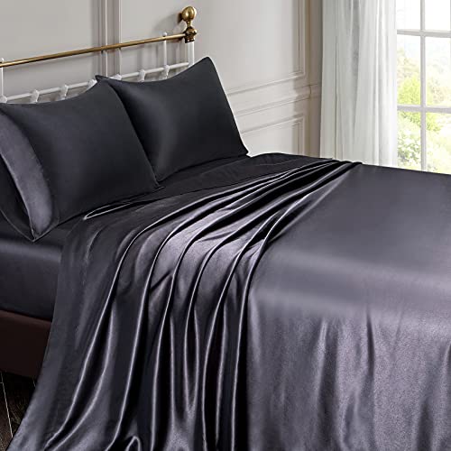 Vonty Satin Sheets King Size Silky Soft Satin Bed Sheets Black Satin Sheet Set, 1 Deep Pocket Fitted Sheet + 1 Flat Sheet + 2 Pillowcases #TOP1