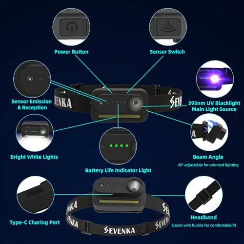 Image of SEVENKA 2 UV Headlamp Flashlight Black Light, Rechargeable LED Hand Free Mini UV Blacklight 395nm Head Lights with White & Ultraviolet Light, Detector for Pet Dog /Cat Urine Stains,Bed Bug,Scorpions