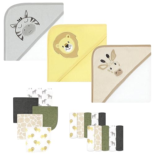 Image of Hudson Baby Unisex Baby Animal Hooded Towel 3pk and 15 Washcloths, Safari, One Size