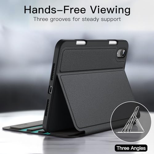 JETech iPad Mini(A17 Pro、2024モデル、第7世代)/ Mini 6(2021モデル、第6世代)用ケース Pencilホルダー付き スリムフォリオスタンド保護タブレットカバー マルチアングル表示 (ブラック)