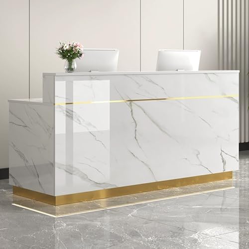 Elegant White & Gold Reception Desk with Locking Drawer, Modern Retail Checkout Counter & Storage Cabinet for Office, Lobby, Salon - 110 * 50cm