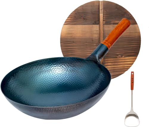 Wok de hierro tradicional chino con tapa y mango de madera 36 cm