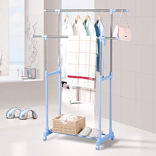 Double Clothes Airer Laundry Drying Rack Washing Line Expandable Drying Space Hanger Dry for Indoor or Outdoor Black Height Adjustable 89~158cm with Wheels in Blue - Image 6