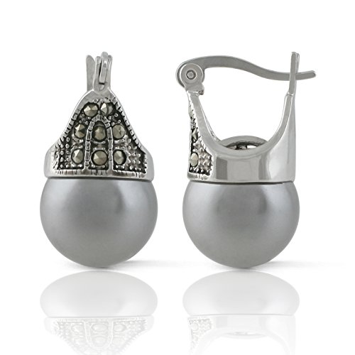 JanKuo Jewelry Rhodium Plated Gray Color Simulated Pearl Marcasite Earrings