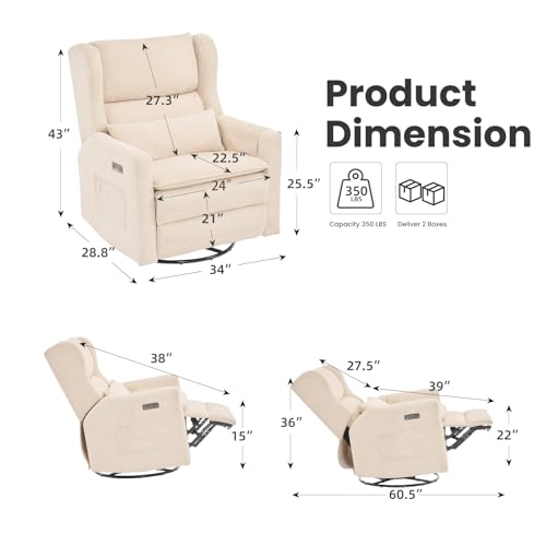 Image of Oversized Swivel Rocker Recliner with Lumbar Cushion, Power Recliner Nursery Chair with Adjustable Headrest, Nursery Glider Recliner for Living Room, Beige