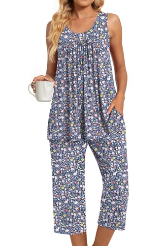 Image of TAOHUADAO Womens Summer 2 Piece Pajama Sets, Sleeveless Tops with Capri Pants, Lounge Ladies Pjs Sets with Pockets