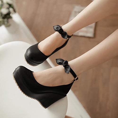 MIOKE Women's Fashion Wedge High Heel Mary Jane Pumps Round Toe Bowtie Ankle Strap Dress Wedding Shoes3