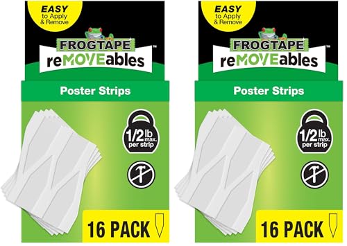 Image of FrogTape reMOVEables Poster Strips, No Damage Hanging Strips, Removable Poster Hangers, Stick On Adhesive Wall Tape Alternative for Pictures, Home, School, Office, White, 16 Strips (Pack of 2)