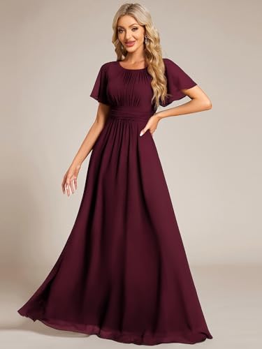 Image of Ever-Pretty Women's Spring Elegant Round Neck Short Sleeve Chiffon Empire Waist Floor Length Formal Dresses Bridesmaid Dress