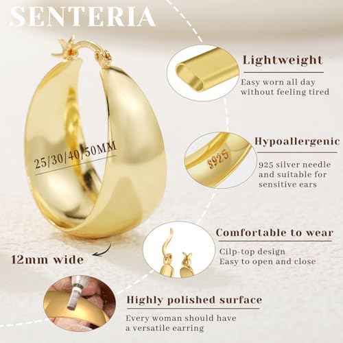 Senteria 12mm Wide Thick Hoop Earrings 925 Sterling Silver Hoop Earrings for Women Hypoallergenic 14K Real Gold Plated Hoops Large Earring Lightweight Chunky Hoops Earring for Women 25/30/40/50MM - Image 5