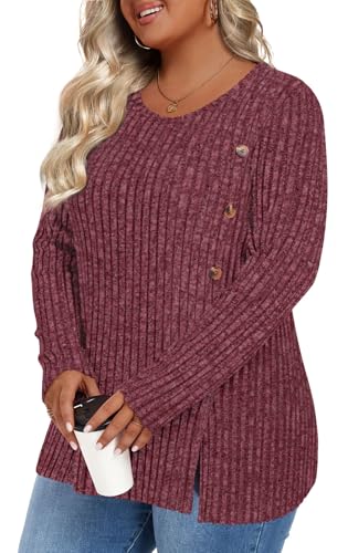 Image of HOTGIFT Womens Plus Size Sweater Tops Long Sleeve Crewneck Casual Tunic Shirts Buttons XL-5XL Blouse Soft Comfy Fashion