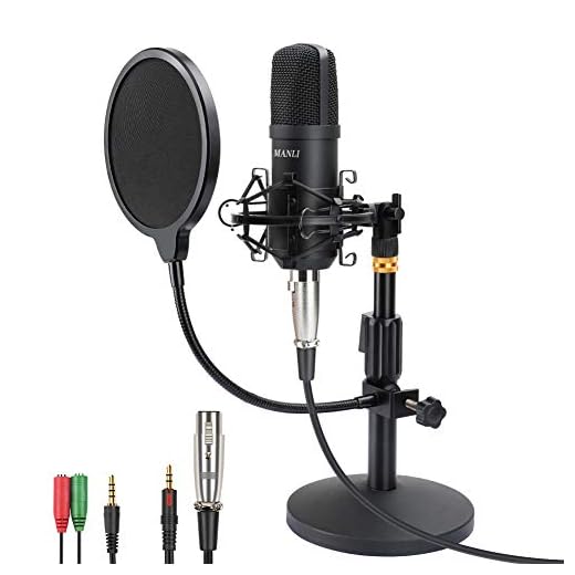 Professional Studio Condenser Microphone, Computer PC Microphone Kit with 3.5mm XLR/Pop Filter/Scissor Arm Stand/Shock Mount for Professional Studio Recording Podcasting Broadcasting, Black