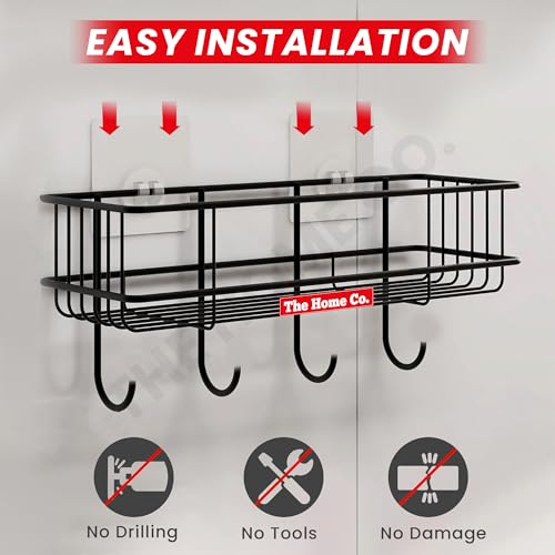 Image of The Home Co. No Drilling Self Adhesive Bathroom Shelf with 4 Hooks /Rack Organizer /Kitchen Shelf with Magic Stickers - Pack of 1 (Black, Powder Coated)