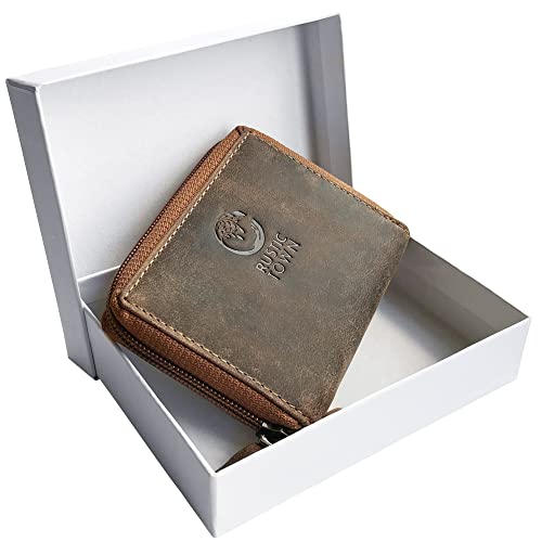 Image of RUSTIC TOWN Leather Key Holder Case - Zippered Key Organizer Wallet with 8 Hooks for Keys, Cash & Card - Gift for Men Women
