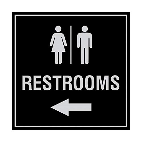 Panneau flèche gauche Restrooms pour mur et porte avec adhésif
