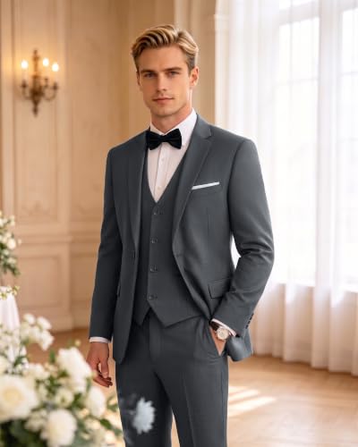 Image of LUPURTY Men's 3 Piece Suit, One Button Slim Fit Tuxedo | Includes Bow Tie, Jacket Vest & Pants, Single Breasted, Wrinkle Resistant, Ideal for Wedding Prom & Business Formal Events