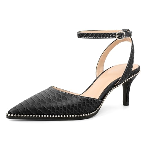 Image of SAMMITOP Kitten Heels for Women Low Heel Closed Toe Ankle Strap Pumps Wedding Party Beaded Dress Shoes 2.4 Inch