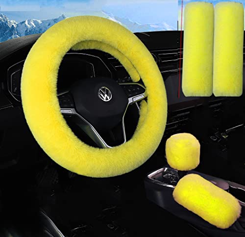 Pinbola 5Pcs In 1 Set Faux Wool Steering Wheel Cover Soft Fluffy Handbrake Cover & Gear Shift Cover & 2Pcs Seat Belt Shoulder Pads Warm Universal Fit For 15 Inch (Yellow) #TOP6