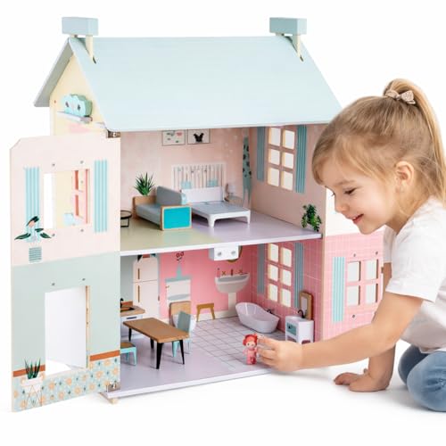 Bubblat Kids Casa de Muñecas de Madera con Diseño Vintage - Incluye 15 Piezas de Mobiliario y Ventanas Abatibles - Fomenta Imaginación y Habilidades Sociales - A partir de 3 Años