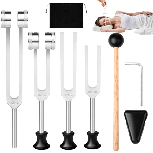 Diapason Neurologico in Alluminio Guarigione Set di 4 diapason (128Hz/256Hz/512Hz/1024Hz) Accordatore Musicale Chitarra Violino Dispositivo Sintonizzatore per Chakra Riflessologia Yoga Meditazione