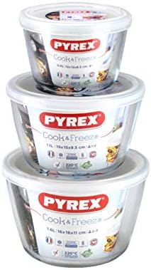 Pyrex SET OF 3 Cook & Freeze Glass Bowl Set With Lids 0.6L/1.1L/1.6L High Resistance Glass Freezer To Oven Dishes Round Serving Baking Cooking Storage Dishes