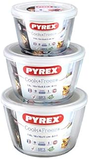 Pyrex SET OF 3 Cook & Freeze Glass Bowl Set With Lids 0.6L/1.1L/1.6L High Resistance Glass Freezer To Oven Dishes Round Serving Baking Cooking Storage Dishes