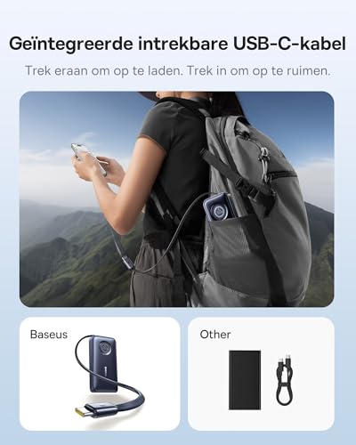 Baseus EnerCore Powerbank 20000mAh met Uittrekbare 70cm USB-C Kabel, 67W Maximaal Vermogen met 2x USB-C, Compatibel met iPhone 16/15 Serie, iPad, MacBook, Laptop, Samsung en meer - Afbeelding 6
