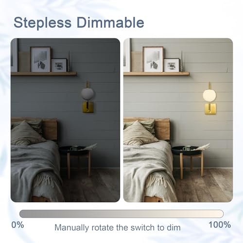 Image of Plug in Wall Sconces Set of 2 Dimmable Glass Globe Wall Lights with Switch Brass Gold Wall Sconce with Hardwired or Corded E12 Bulb Compatible 3000K Warm White for Bedroom Living Room