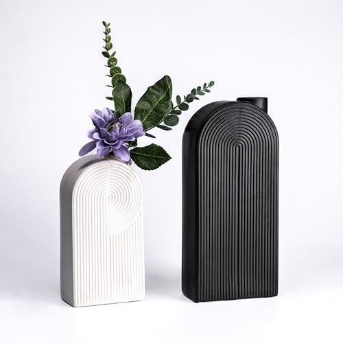 TERESA'S COLLECTIONS Black and White Modern Book Vase for Home Decor, Ceramic Decorative Flower Vases for Shelf, Fireplace Mantel, Centerpieces, Living Room,Gifts for Mom, 11'-Summer Vase Set of 2