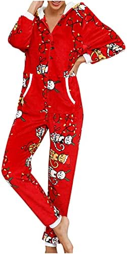 Womens Fleece Onesie Cozy Christmas One-Piece Pyjamas Winter Autumn Warm Hooded Jumpsuit for Xmas Sleepsuit Loungewear Nightwear for Adult Ladies S-2XL