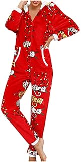 Womens Fleece Onesie Cozy Christmas One-Piece Pyjamas Winter Autumn Warm Hooded Jumpsuit for Xmas Sleepsuit Loungewear Nightwear for Adult Ladies S-2XL