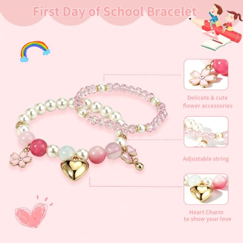 Image of First Day of Kindergarten Bracelets,First Day of School Bracelets for Mom and Daughter,Back to School Bracelet Pre-K Matching Heart Wish Adjustable Bracelet
