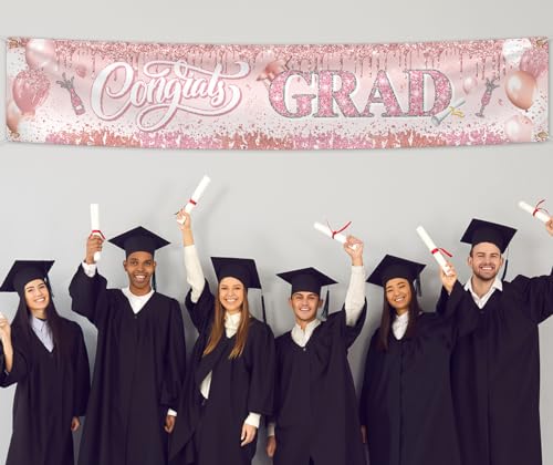 Image of Pink Graduation Party Decorations Class of 2026 Banner Congrats Grad Rose Gold Graduation Yard Sign Banner for Class of 2026 Graduation Party Supplies