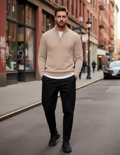 Image of COOFANDY Men's Quarter Zip Up Sweaters Slim Fit Lightweight Mock Pullover