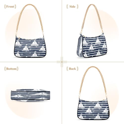 Shoulder Bag for Women Sailboats Navy Stripes Tote Handbag Crossbody Bag with Zipper Closure2