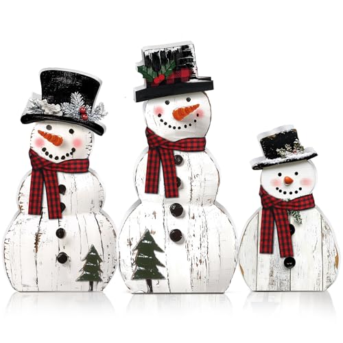Barydat 3 Pcs Snowman Christmas Decor Winter Wooden Table Decorations,