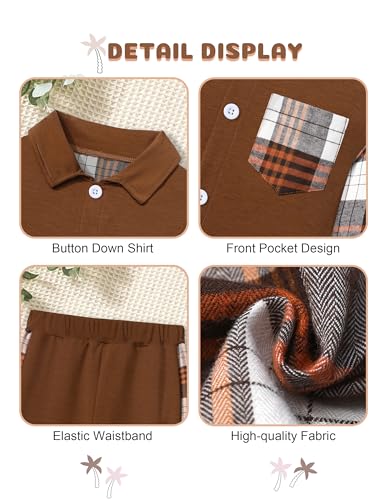 Image of Oranchids Boys Clothes Size 6 7 Boys' Clothing Sets Long Sleeve Brown Plaid Shirts Button Down Sweatshirt Jogger Fall Outfits Winter Clothes Thanksgiving Outfit