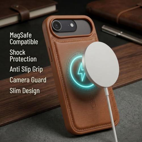 Image of amazon basics Premium PU Leather Case for iPhone 17 Air, MagSafe Compatible Magnetic Ring, Sleek Protective Back Cover - [Tan]