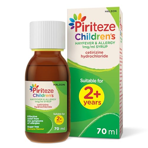 Piriteze Childrens Hayfever & Allergy Syrup. Sugar free banana flavour syrup containing cetirizine (antihistamine). 2 years+ 70ml