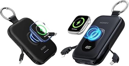 Rorry D2 Series Mobile Battery, Apple Watch Compatible, Built-in Cable, Hot SNS Talks, Up to 4 Devices Simultaneously Charging, 5,000 mAh/20,000 mAh, Large Capacity, Compatible with All iPhones