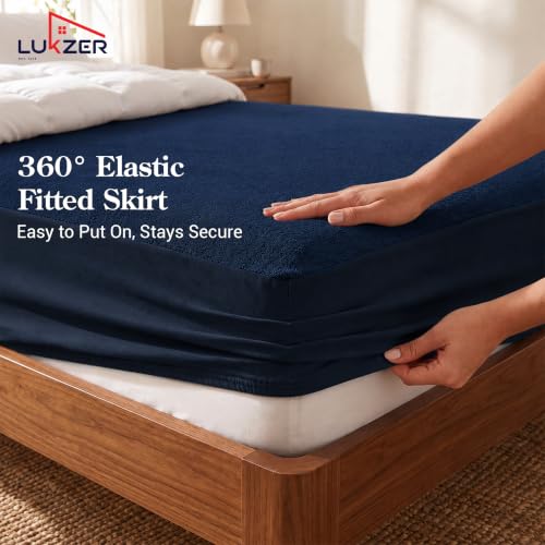 Image of Lukzer Waterproof Mattress Protector Blue King Size 72 x 72 Inches (6 x 6 ft) Ultra Soft Terry Cotton Feel Fabric with Elastic Skirting Hypoallergenic and Breathable Mattress Cover