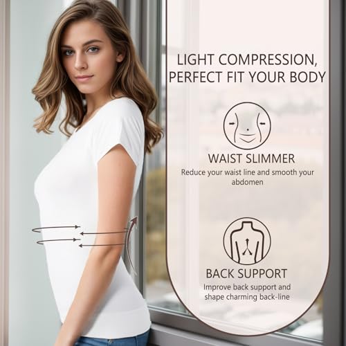 Image of +MD Women's Seamless Short Sleeve Undershirt, Light Compression Scoop Neck Tank Top, Tummy Control Basic Tee Camisole