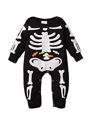 RTGSE - Disfraz de esqueleto de manga larga, de Halloween, para bebés, niños y niñas pequeños, mono con gorro (esqueleto B, 6-12 meses)