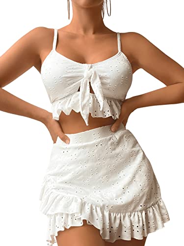 SweatyRocks Women's 3 Piece Bathing Suit Tie Front Ruffle Hem High Cut Bikini Tankini with Beach Skirt