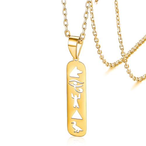 VASSAGO Ancient Egyptian Symbol Necklace Ankh Cross Eye of Horus Pendant Necklace Vintage Egyptian Pyramids Pendant Necklace Half Sun Necklace Luck Charm Jewelry Gift, Stainless Steel