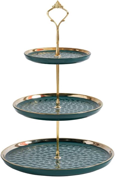 FURN ASPIRE Ceramic Three-Layer Fruit Plate, Serving Tray Dessert Tower for Wedding Birthday Summer Baby Shower Graduation Tea Party (Green 15x20x26 cm 3-Layer Plate Round)