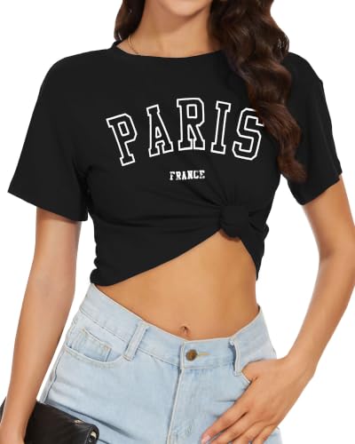 Image of Womens Crop Tops Summer Short Sleeve Round Neck T-Shirts Loose Fit Blouse