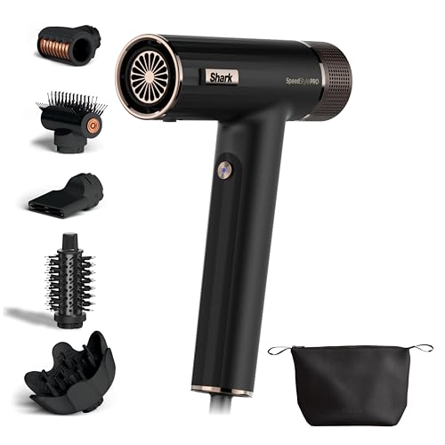 Shark SpeedStyle Pro Haartrockner, hohe Leistung & Power für alle Haartypen mit Kopfhautschutz und 5 Aufsätzen, leicht, Keine Hitzeschäden, Faltbarer Griff, Aufbewahrungsbeutel, Schwarz HD752EU