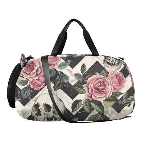 Duffle Bag for Boys or Girls with Shoes Compartment, Pink Roses Skull Sports Travel Bag Overnight2